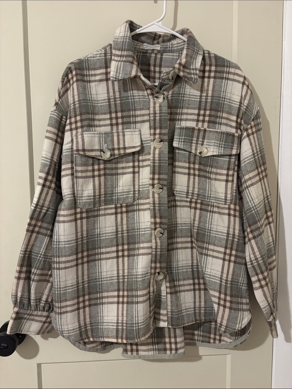Women’s Paper Crane Plaid Utility Shacket Jacket in Cream, Gray & Brown